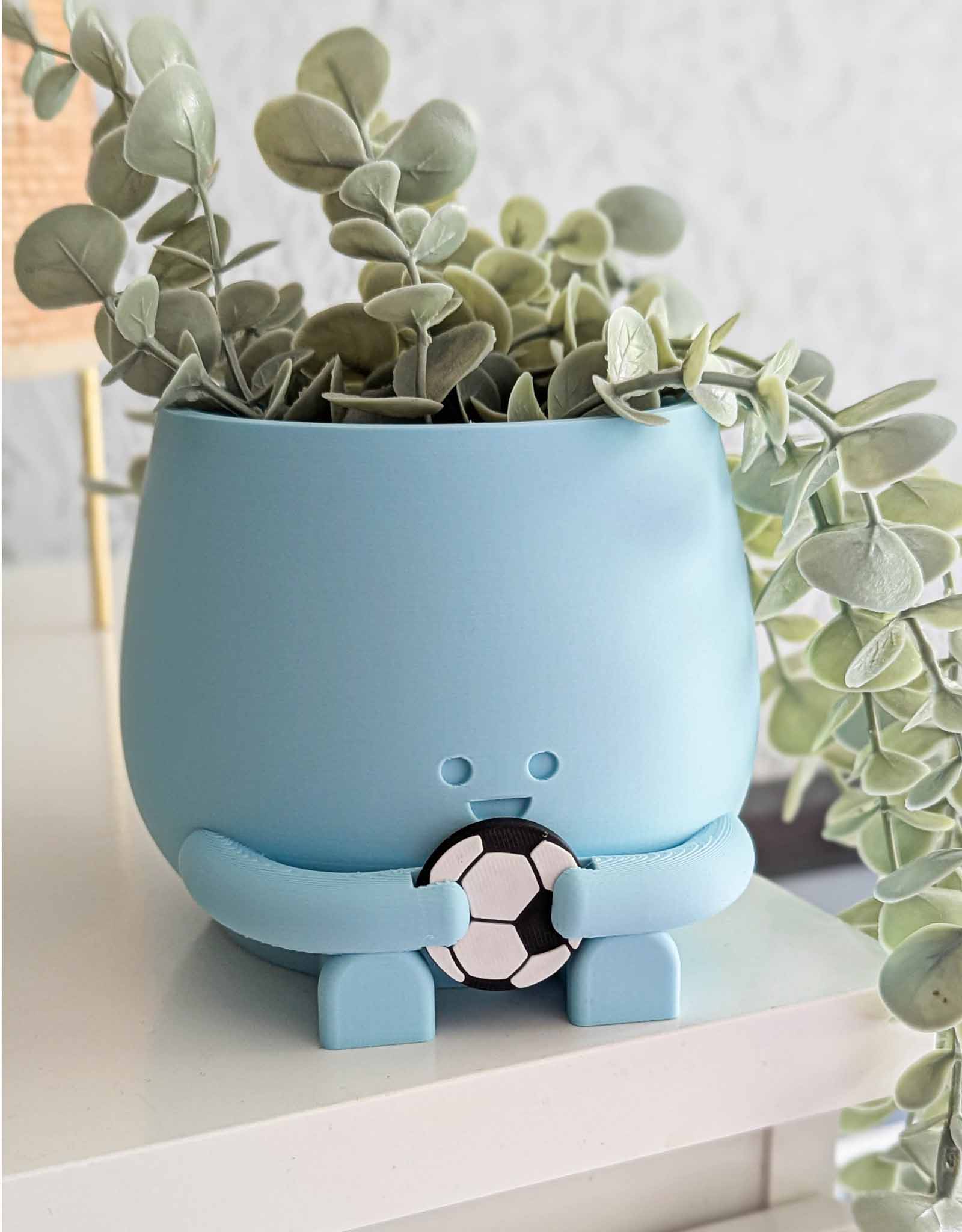 A happy plant pot in light blue holding a football 