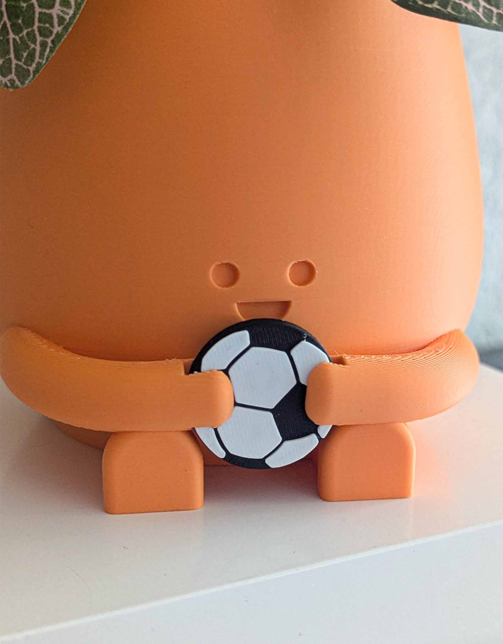 A happy plant pot in orange holding a football 