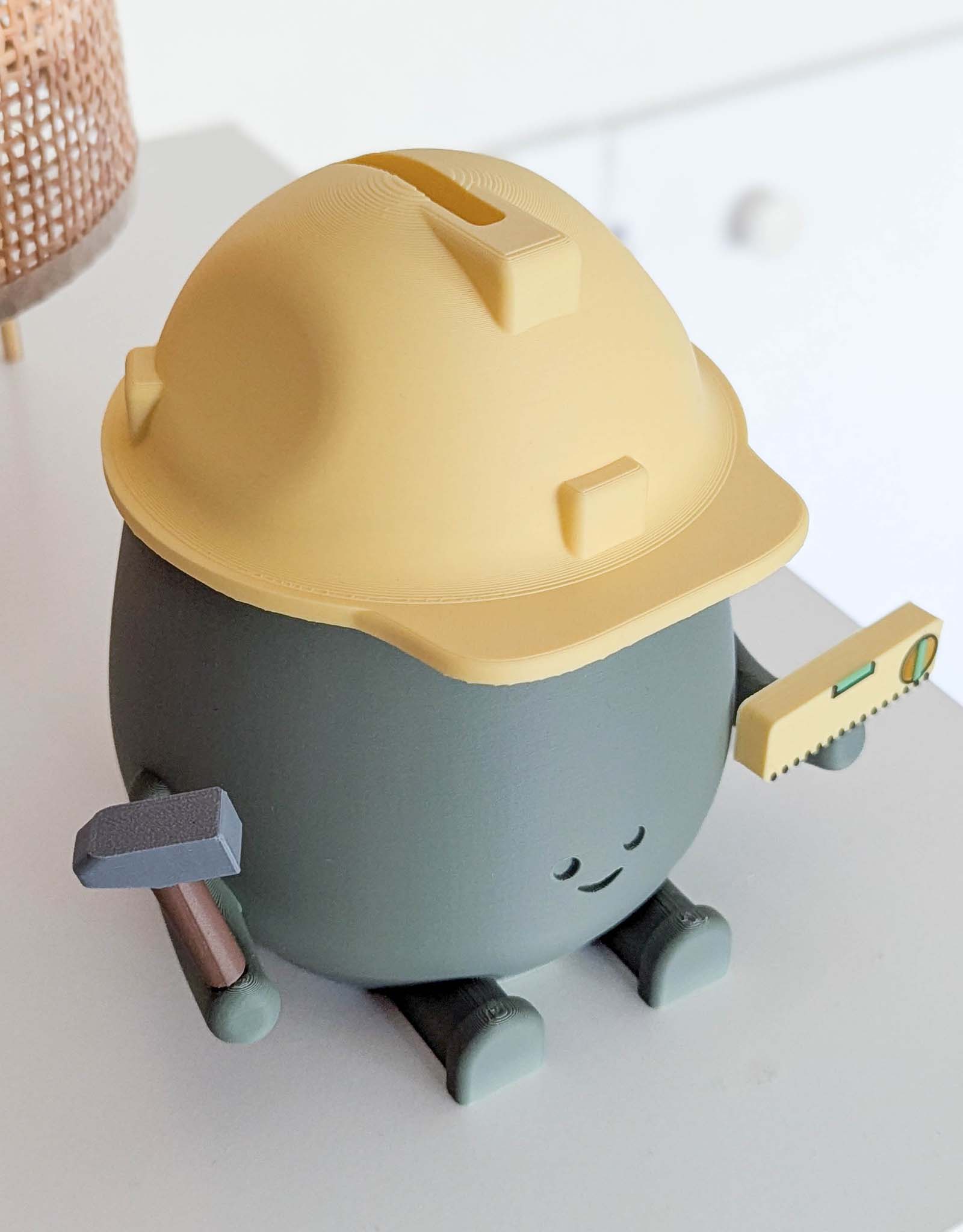 Happy construction worker piggy bank