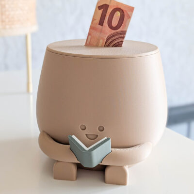 Happy face kids piggy bank holding a book reading book lover gift for her bookworm gift idea spardose kinder tirelire enfants trinkgeldglas